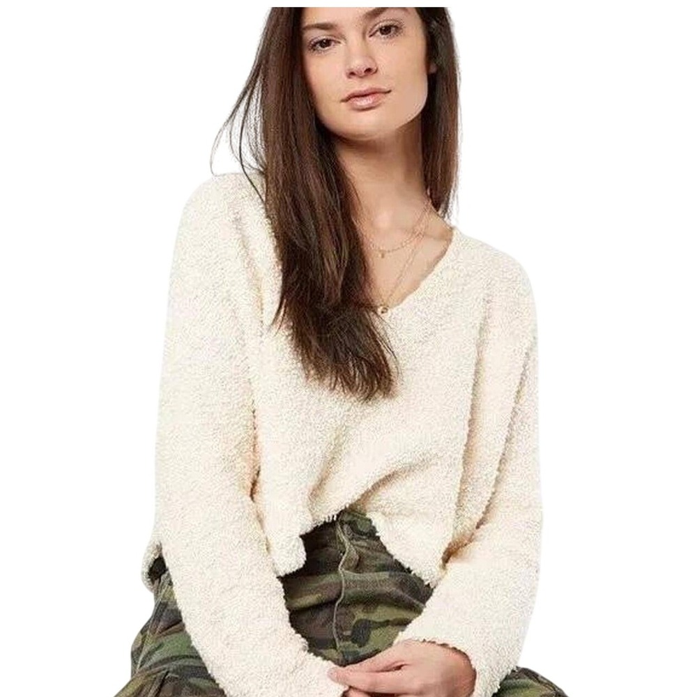 Free‎ People Cream Popcorn V Neck Cropped Sweater Long Sleeve Women's Size S